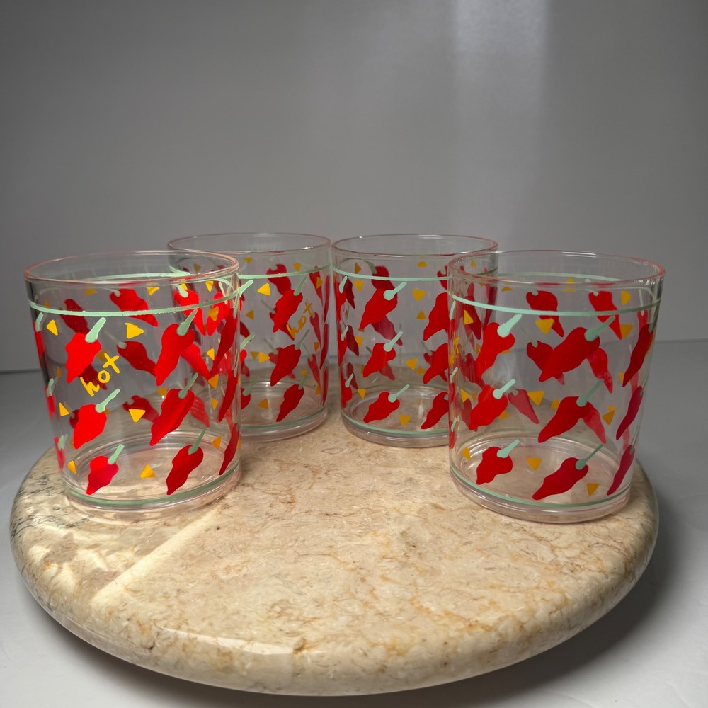 Hallmark Chili Pepper Acrylic Tumbler Glasses Set of 4 Red 1989 Retro 8oz